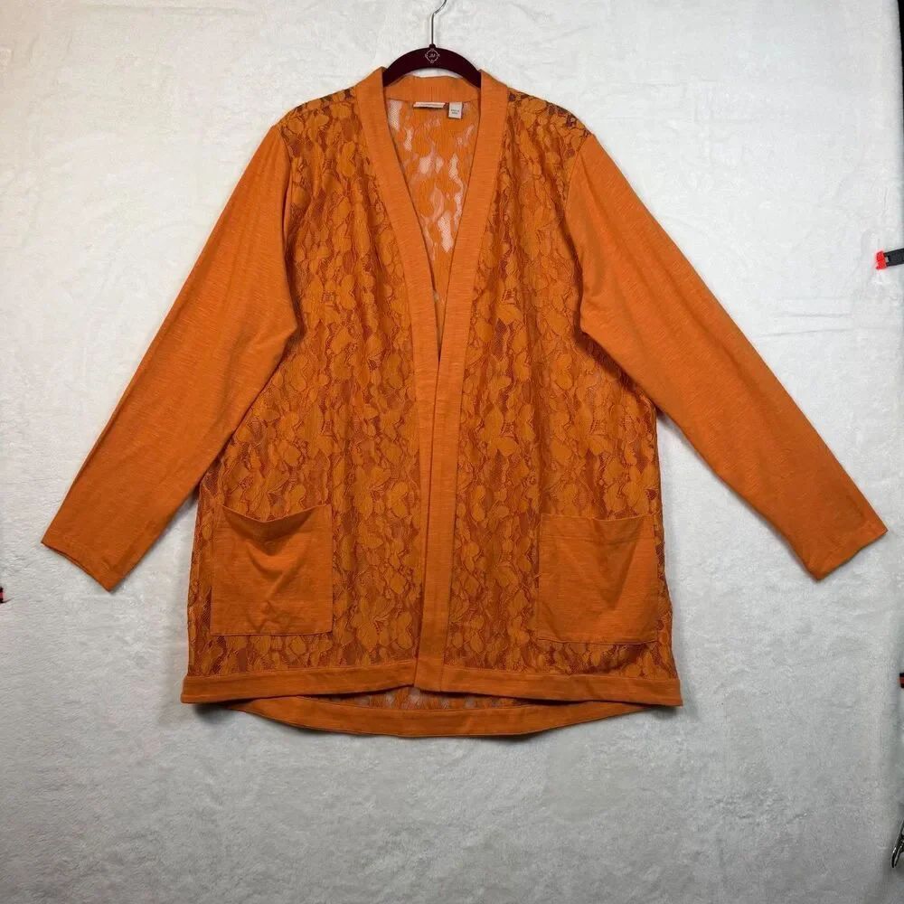 LOGO Lori Goldstein XL Orange Lace Open Front Cardigan Long Sleeve Pockets Knit